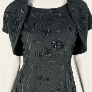 Carmen Marc Valvo Black Embroidered Dress with Matching Bolero Jacket – Size 8